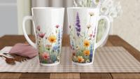 Set of 3 Cups, Floral, 17oz Latte Ceramic Mugs Set - Extra Tall Cup Set