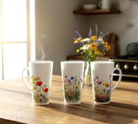 Set of 3 Cups, Floral, 17oz Latte Ceramic Mugs Set - Extra Tall Cup Set