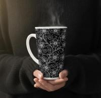 Set of 3 Cups, Floral, 17oz Latte Ceramic Mugs Set - Extra Tall Cup Set