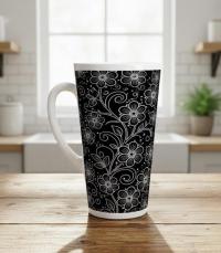 Set of 3 Cups, Floral, 17oz Latte Ceramic Mugs Set - Extra Tall Cup Set
