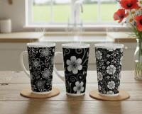 Set of 3 Cups, Floral, 17oz Latte Ceramic Mugs Set - Extra Tall Cup Set