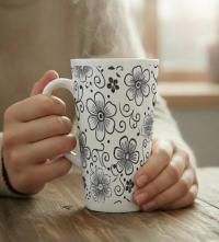 Set of 3 Cups, Floral, 17oz Latte Ceramic Mugs Set - Extra Tall Cup Set