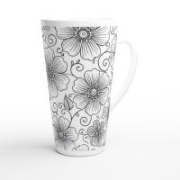 Set of 3 Cups, Floral, 17oz Latte Ceramic Mugs Set - Extra Tall Cup Set