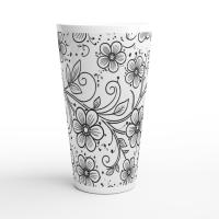 Set of 3 Cups, Floral, 17oz Latte Ceramic Mugs Set - Extra Tall Cup Set