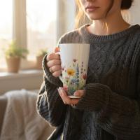 Set of 3 Cups, Floral, 17oz Latte Ceramic Mugs Set - Extra Tall Cup Set