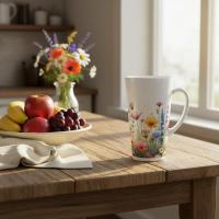 Set of 3 Cups, Floral, 17oz Latte Ceramic Mugs Set - Extra Tall Cup Set