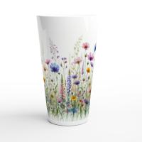 Set of 3 Cups, Floral, 17oz Latte Ceramic Mugs Set - Extra Tall Cup Set