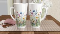 Set of 3 Cups, Floral, 17oz Latte Ceramic Mugs Set - Extra Tall Cup Set