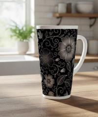 Set of 3 Cups, Floral, 17oz Latte Ceramic Mugs Set - Extra Tall Cup Set