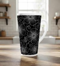 Set of 3 Cups, Floral, 17oz Latte Ceramic Mugs Set - Extra Tall Cup Set