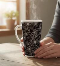 Set of 3 Cups, Floral, 17oz Latte Ceramic Mugs Set - Extra Tall Cup Set