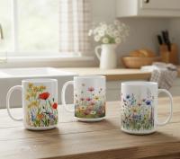 Set of Big Mugs, Floral Cup Set, 15 oz