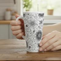 Set of 3 Cups, Floral, 17oz Latte Ceramic Mugs Set - Extra Tall Cup Set
