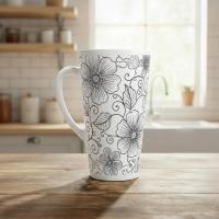 Set of 3 Cups, Floral, 17oz Latte Ceramic Mugs Set - Extra Tall Cup Set