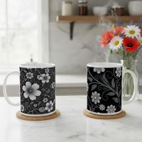 Set of Big Mugs, Dark Floral Cup Set, 15 oz