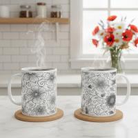 Set of Big Mugs, Floral Cup Set, Large 15 oz Matching Cups