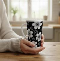 Set of 3 Cups, Floral, 17oz Latte Ceramic Mugs Set - Extra Tall Cup Set