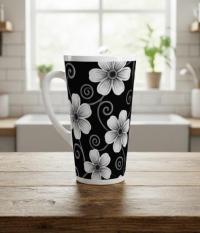 Set of 3 Cups, Floral, 17oz Latte Ceramic Mugs Set - Extra Tall Cup Set
