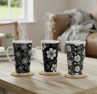 Set of 3 Cups, Floral, 17oz Latte Ceramic Mugs Set - Extra Tall Cup Set
