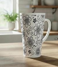 Set of 3 Cups, Floral, 17oz Latte Ceramic Mugs Set - Extra Tall Cup Set