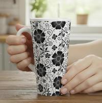 Set of 3 Cups, Floral, 17oz Latte Ceramic Mugs Set - Extra Tall Cup Set