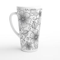 Set of 3 Cups, Floral, 17oz Latte Ceramic Mugs Set - Extra Tall Cup Set