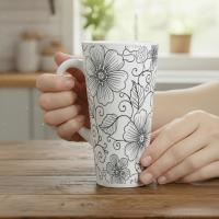 Set of 3 Cups, Floral, 17oz Latte Ceramic Mugs Set - Extra Tall Cup Set