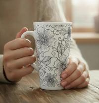 Set of 3 Cups, Floral, 17oz Latte Ceramic Mugs Set - Extra Tall Cup Set