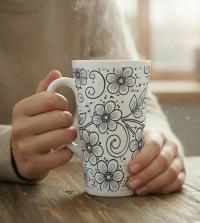 Set of 3 Cups, Floral, 17oz Latte Ceramic Mugs Set - Extra Tall Cup Set