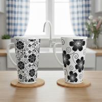 Set of 3 Cups, Floral, 17oz Latte Ceramic Mugs Set - Extra Tall Cup Set