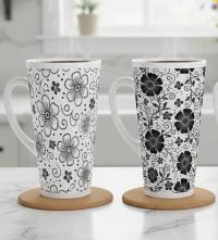Set of 3 Cups, Floral, 17oz Latte Ceramic Mugs Set - Extra Tall Cup Set