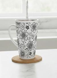 Set of 3 Cups, Floral, 17oz Latte Ceramic Mugs Set - Extra Tall Cup Set