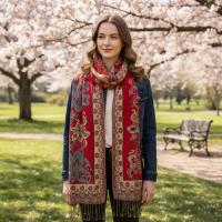 Red and Gold Pashmina Shawl & Scarf for Women, Jacquard Brocade, Stole or Wrap