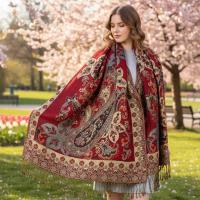 Red and Gold Pashmina Shawl & Scarf for Women, Jacquard Brocade, Stole or Wrap