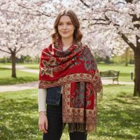 Red and Gold Pashmina Shawl & Scarf for Women, Jacquard Brocade, Stole or Wrap