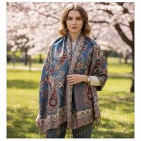 Aqua and Gold Pashmina Shawl & Scarf for Women, Jacquard Brocade, Shawl or Wrap