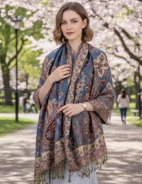 Aqua and Gold Pashmina Shawl & Scarf for Women, Jacquard Brocade, Shawl or Wrap