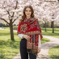 Red and Gold Pashmina Shawl & Scarf for Women, Jacquard Brocade, Stole or Wrap