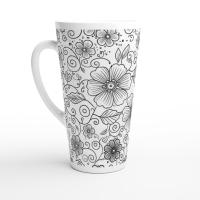 Set of 3 Cups, Floral, 17oz Latte Ceramic Mugs Set - Extra Tall Cup Set