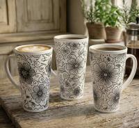 Set of 3 Cups, Floral, 17oz Latte Ceramic Mugs Set - Extra Tall Cup Set