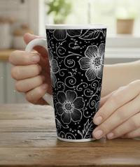 Set of 3 Cups, Floral, 17oz Latte Ceramic Mugs Set - Extra Tall Cup Set