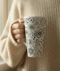 Set of 3 Cups, Floral, 17oz Latte Ceramic Mugs Set - Extra Tall Cup Set