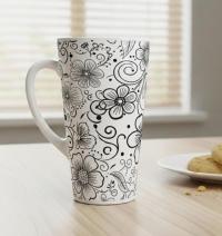 Set of 3 Cups, Floral, 17oz Latte Ceramic Mugs Set - Extra Tall Cup Set