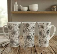 Set of 3 Cups, Floral, 17oz Latte Ceramic Mugs Set - Extra Tall Cup Set