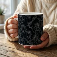 Roses, Dark Floral Large and Small Cups, 11oz and 15oz Ceramic Mug Set