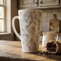 Set of 3 Cups, Floral, 17oz Latte Ceramic Mugs Set - Extra Tall Cup Set
