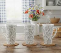 Set of 3 Cups, Floral, 17oz Latte Ceramic Mugs Set - Extra Tall Cup Set