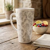 Set of 3 Cups, Floral, 17oz Latte Ceramic Mugs Set - Extra Tall Cup Set