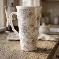 Set of 3 Cups, Floral, 17oz Latte Ceramic Mugs Set - Extra Tall Cup Set
