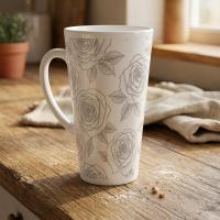 Set of 3 Cups, Floral, 17oz Latte Ceramic Mugs Set - Extra Tall Cup Set